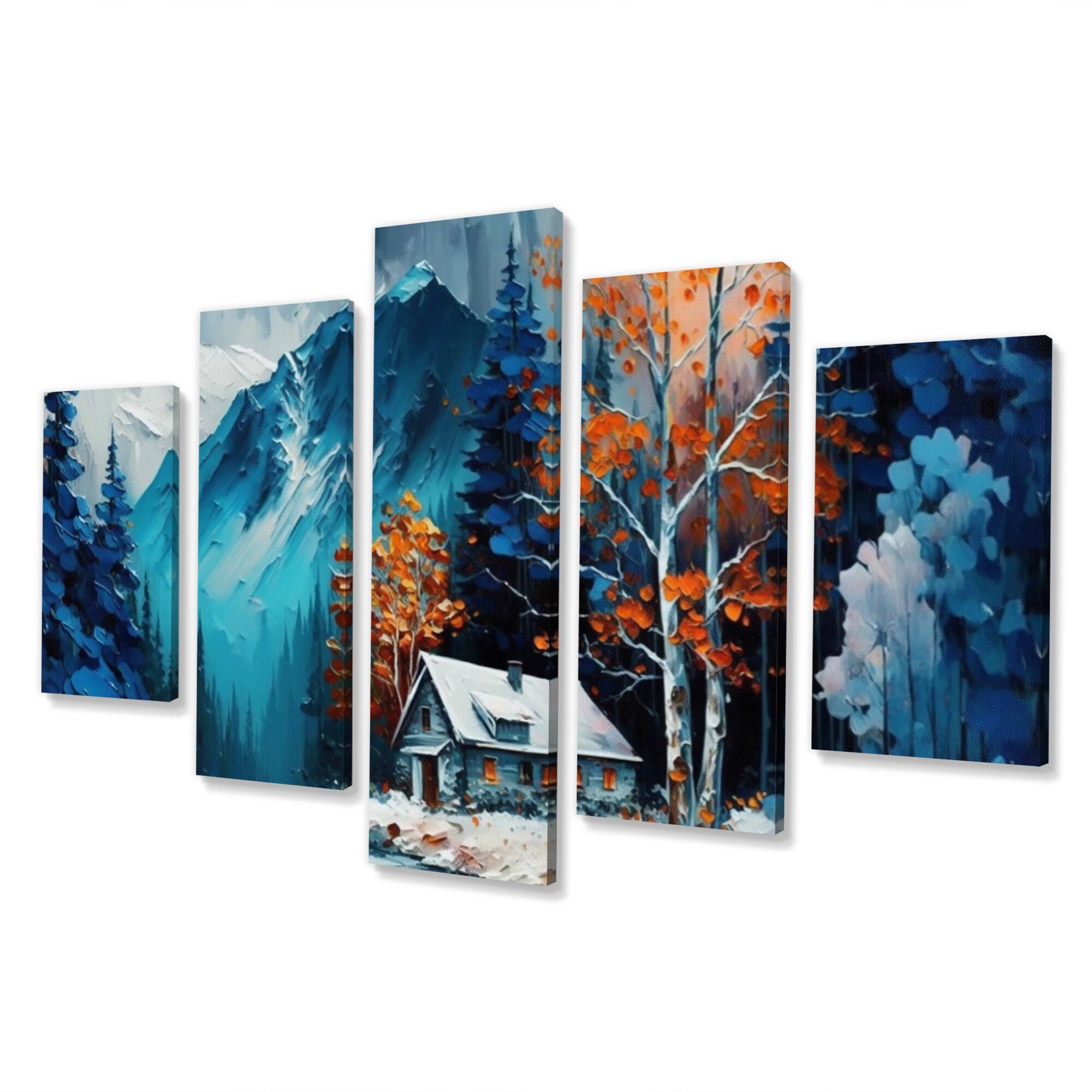 Designart "Cabin In The Woods In Winter III" Lake House Cottage Multipanel Canvas Wall Art On